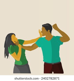 Husband beating up wife, assault concept vector illustration eps image of domestic argument violence and aggression against woman for magazine cover. furious adult couple fight with emotional stress