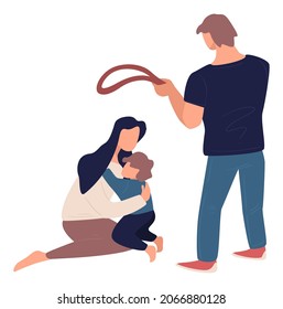 Husband beating wife and kid with belt, family violence and aggression. Mother protecting child cuddling and hiding with hands. Arguing and fighting, quarreling and abusing. Vector in flat style