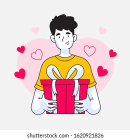 Husband or boyfriend holding present or gift for his wife or girlfriend for celebration vector illustration