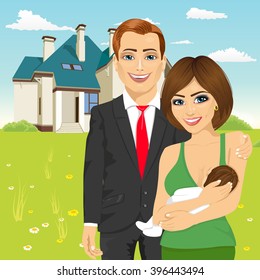 husband in a business suit standing next to his wife breastfeeding in front of classic cottage