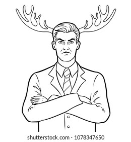 Husband businessman with deer horns on his head coloring vector illustration. Comic book style imitation.