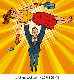 Husband Is A Businessman And Wife Is A Housewife. Gender Stereotypes. Pop Art Retro Vector Illustration Kitsch Vintage 50s 60s