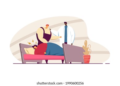 Husband calling doctor in for sick wife. Woman suffering from headache in bed, medical professional comforting man flat vector illustration. Healthcare, medicine concept for banner, website design