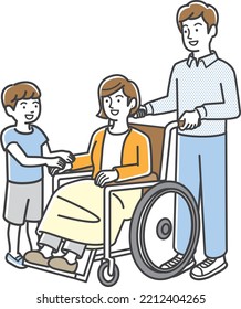 Husband and child helping wife in wheelchair