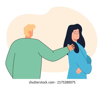 Husband comforting or apologizing to crying wife. Man touching shoulder of woman flat vector illustration. Relationship, sympathy, conflict, communication concept for banner or landing page