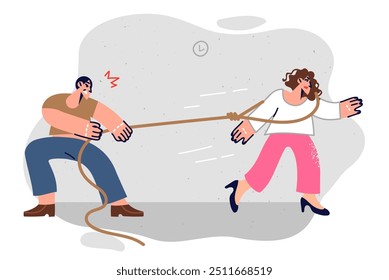 Husband controls wife actions using rope to stop woman from wanting to end relationship. Concept of violence in relationship between guy and girl, caused by lack of trust or jealousy