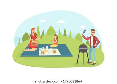 Husband Cooking Barbecue, Wife and Daughter Lying on a Plaid, Happy Family Having Picnic and Relaxing Outdoors Vector Illustration