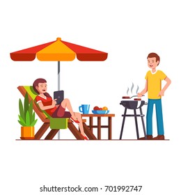 Husband doing barbecue grilling meat outdoors, wife lying on lounger under parasol. Man and woman family couple relaxing outside coking bbq. Home backyard party. Flat cartoon vector illustration.