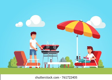 Husband doing barbecue grilling meat outdoors, wife lying on lounger under parasol. Man and woman family couple relaxing outside coking bbq. Home backyard party. Flat cartoon vector illustration.