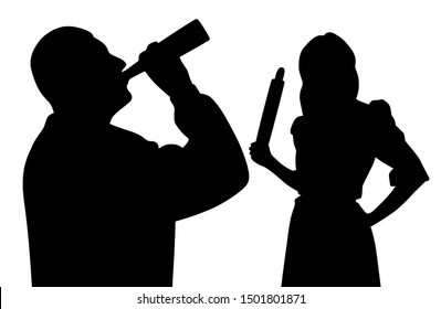 Husband drinking alcohol from bottle and angry wife holding rolling pin. Family problem alcoholism.