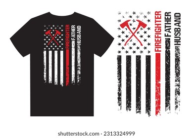 Husband Father Firefighter With American Vintage Flag T-Shirt Design