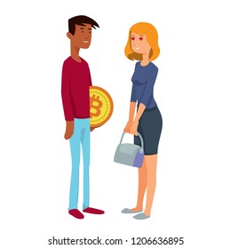 Husband giving bitcoin to wife character illustration