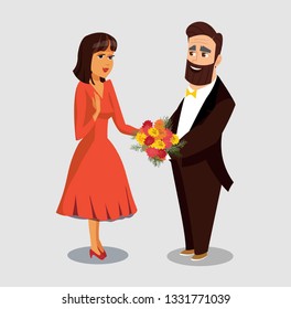 Husband Giving Flowers to Wife Vector Drawing. Boyfriend Greeting Girlfriend Flat Illustration. Anniversary, Birthday Present, Surprise, Gift. Isolated Cartoon Character. Womens Day, 8 March Postcard