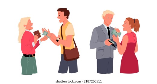 Husband Giving Money Cash To His Wife. Family Relationship And Common Budget, Couple Gifts And Attention, Finance For Female Leisure Activities, Male Support And Care Vector Illustration