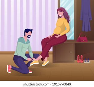 Husband helping a pregnant wife. Pregnancy assistance in family couple. The guy ties the shoelaces on his girlfriend's shoes. Cartoon colorful flat illustatrion. 