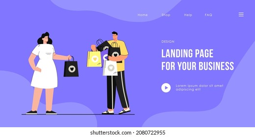 Husband helping wife holding her shopping bags. Man and woman in casual wear flat vector illustration. Purchase, shopaholic concept for banner, website design or landing web page.