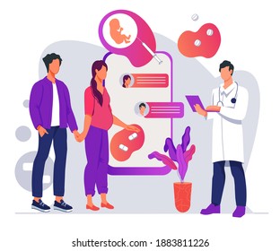 Husband And His Pregnant Wife Consult A Professional Family Planning. Family Planning, Pregnancy Assistance And Vitro Fertilization Research Flat Vector Illustration Isolated On White Background.