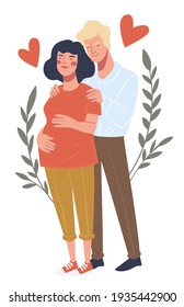 Husband holding belly of expecting wife, isolated people in love. Pregnancy and happiness in family. Man touching tammy of woman. Boyfriend and girlfriend in relationship. Vector in flat style