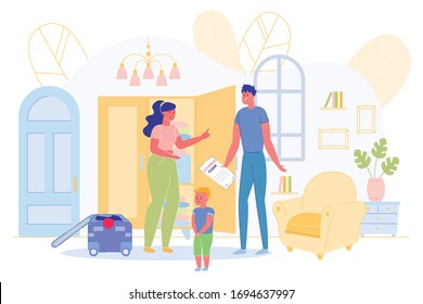 Husband Holding Divorce Form and Wife Quarrel. Sad Scared Little Boy Son Standing near Angry Parents. Home Living Room Interior. Property and Child Custody Division. Marriage End. Vector Illustration