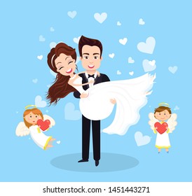 Husband holding wife, newlyweds portrait view, angel characters with heart, valentine postcard in blue color, woman embracing man, wedding vector