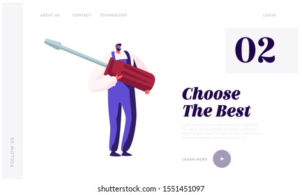 Husband for Hour Call Service Website Landing Page. Tiny Male Character Holding Huge Screwdriver Instrument for Fixing Broken Technics or Home Repair Web Page Banner. Cartoon Flat Vector Illustration