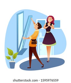 Husband for hour with equipment tools. Window profile repair or illustration. Happy woman standing and watching. Cartoon handyman character and housewife. Home service. Vector flat illustration