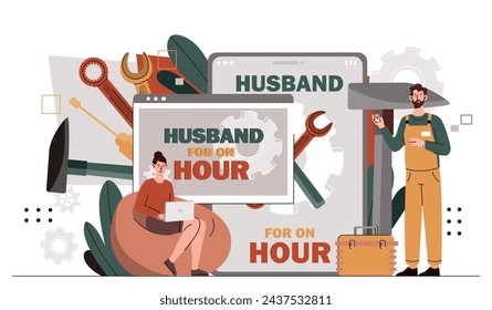 Husband for hour. Man with instruments near woman. Worker fix problems indoor. Toolbox with hammer and wrench. Repir and renovation. Cartoon flat vector illustration isolated on white background