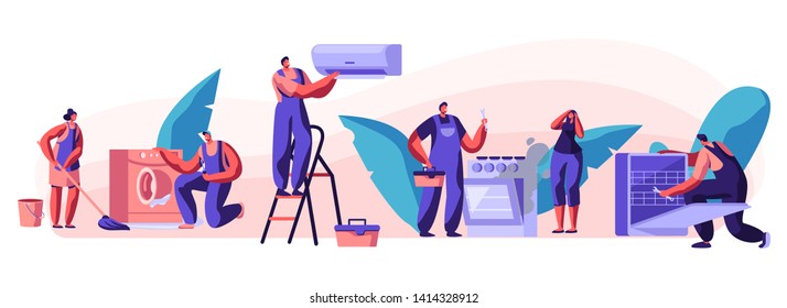 Husband for an Hour, Repair Service Joyful Male Characters in Uniform Working with Instruments Fixing Broken Technics at Home. Electrician, Plumber Call Master at Work Cartoon Flat Vector Illustration