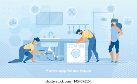 Husband for an Hour, Repair Service Joyful Men Characters in Uniform Working with Instruments Fixing Broken Technics at Home. Electrician, Plumber Call Masters at Work Cartoon Flat Vector Illustration