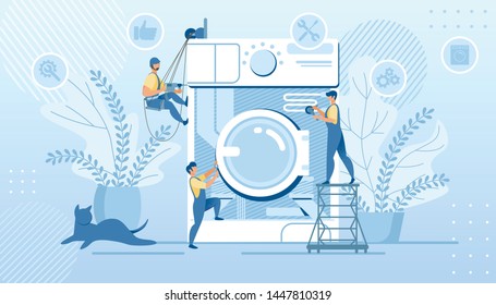 Husband for an Hour, Repair Service, Tiny Handymen Characters in Uniform Fixing Huge Broken Washing Machine Technics at Home. Plumber Call Master at Work, Plumbing Cartoon Flat Vector Illustration