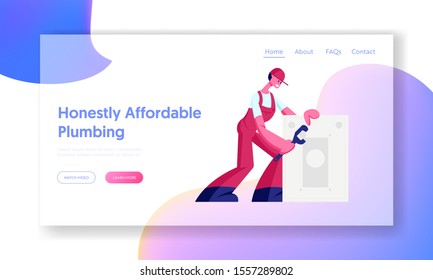 Husband for an Hour, Repair Service Website Landing Page. Male Character Working with Instruments Fixing Broken Technics at Home. Plumber Call Master Web Page Banner. Cartoon Flat Vector Illustration