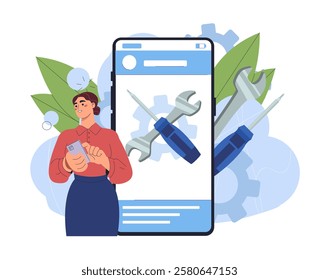 Husband for hour. Young girl near smartphone with wrenches and screwdriver. Repairman and handyman, technician services on internet. Troubleshooting and maintenance. Flat vector illustration