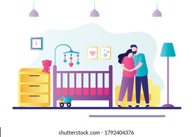 Husband hugging pregnant wife. Love couple of waiting for birth of child. Future parents decorating baby room. Concept of family, parenting, motherhood. Preparing home for newborn. Vector illustration