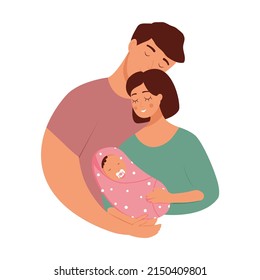 A husband hugging a wife holding a newborn baby in her arms. Vector illustration