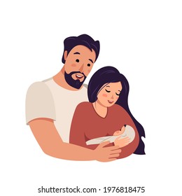 The husband hugs his wife with the baby in her arms. Happy mother, family, children day. Mom and Dad are happy and smiling. The family cares and loves the newborn. Vector flat illustration