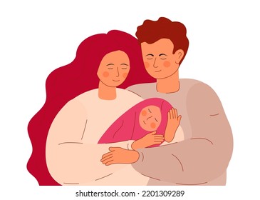 Husband hugs his wife. A young woman holds her  baby, little daughter in her arms. Happy motherhood and fatherhood. Portrait of a happy family.