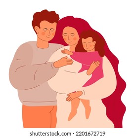 Husband hugs his wife. A young woman holds her little daughter in her arms. Happy motherhood and fatherhood. Portrait of a happy family.