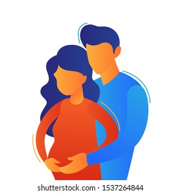 Husband hugs pregnant wife. Cartoon trendy people cute family. Valentine's day date, happy holidays. Lorem ipsum couple vector illustration.
