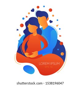 Husband hugs pregnant wife. Cartoon trendy people cute family. Valentine's day date, happy holidays. Lorem ipsum couple vector illustration.
