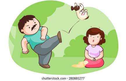 husband kick dog for protect his wife vector illustration