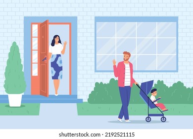 Husband Leaving House To Walk With Child And Waving To Wife Standing At Front Door Flat Vector Illustration