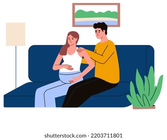 Husband is making back massage to pregnant wife. Future parents. Third trimester. Pregnancy. Flat vector illustration.