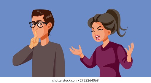 
Marido que hace el gesto del silencio a la viñeta del Vector de la esposa molesta . Un novio callando a su novia quejándose y gritando frustrado  