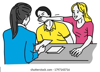 Husband is muted by dominant wife, covering his mouth with hand, during seller offers contract. Couple relationship concept in woman has power and control man. Outline, linear, thin line art.  