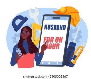 Marido por una hora. Chica joven cerca de la pantalla del teléfono inteligente y herramientas de construcción. Reparador y servicio de mantenimiento en línea. Construcción y reparación. Ilustración vectorial plana aislada sobre fondo blanco