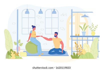 Husband and Pregnant Wife Exercising on Ball and Meditating Flat Cartoon Vector Illustration. Man and Woman Doing Sport Activity Together in Relaxing Poses Outdoor. Expecting Child or Kid.