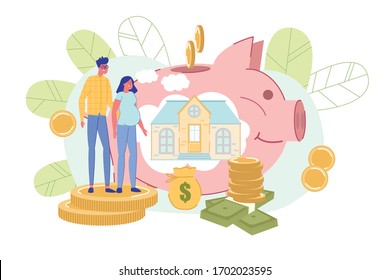 Husband and Pregnant Wife Thinking about Buying New House. Man and Woman with Big Belly Planning Financial Expenditures on Future. Big Piggy-Bank with Home Inside. Vector Money Stacks Illustration