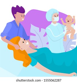 The husband is present at the birth of his wife. The midwife is holding a newborn baby in her arms. Vector illustration in flat style.
