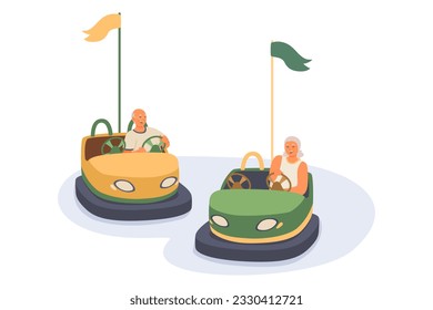 Husband resting with wife. Back to childhood. Elderly couple enjoying car ride in park. Happy and modern pensioners having fun. Active senior adults concept. Flat vector illustration in green colors