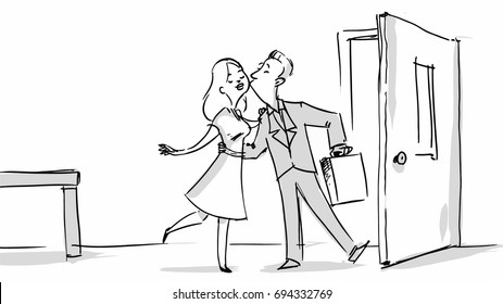 Husband returning home from work Happy wife kissing him Vector for cartoon, storyboard, project